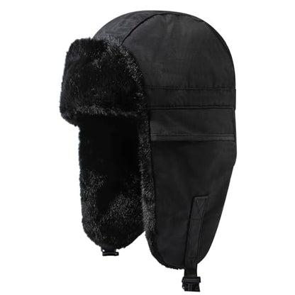 CLAPE Women Waterproof Warm Winter Hat, Soft Faux Fur Trapper Hat w/Ear Flaps, Men Outdoor Hunting Ushanka Russian Hats - color: Pl2411-black