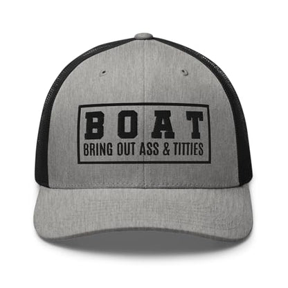 NG Boat Bring Out Ass and Titties Curved Bill Trucker Hat Mid Crown Adjustable Funny Adult Humor Cap - color: Heather/ Black