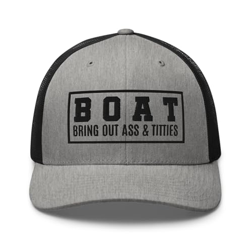 NG Boat Bring Out Ass and Titties Curved Bill Trucker Hat Mid Crown Adjustable Funny Adult Humor Cap - color: Heather/ Black