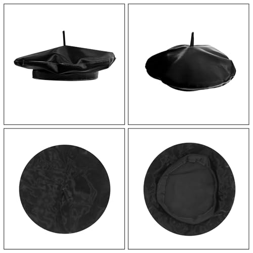 Women Classic PU Leather French Beret Beanie Hat Pumpkin Cap - color: Black(patent Pu)