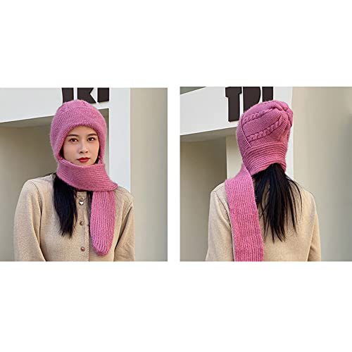 Winter Warm Elastic Soft Ear Protection Knitted Scarf Hat Fleece Lined Beanie Hat - color: H01-pink