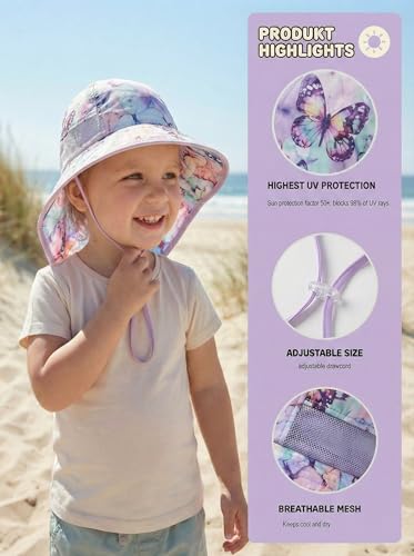 icolor Kids Sun Hat UPF50+ Sun Protection Bucket Hat Toddler Summer Beach Play Hats with Neck Flap for Girl Boy Ages 3~10 - color: Butterfly