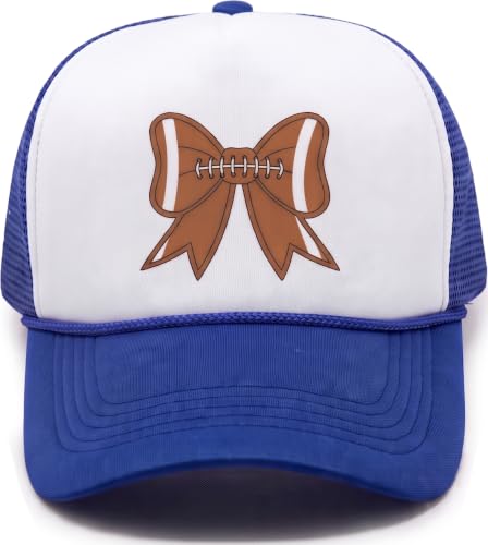 Funky Junque Premium Mesh Snapback Trucker Hat - Stylish Comfort for All - Patriotic, Humor & More - color: Football Bow - White/Royal Blue
