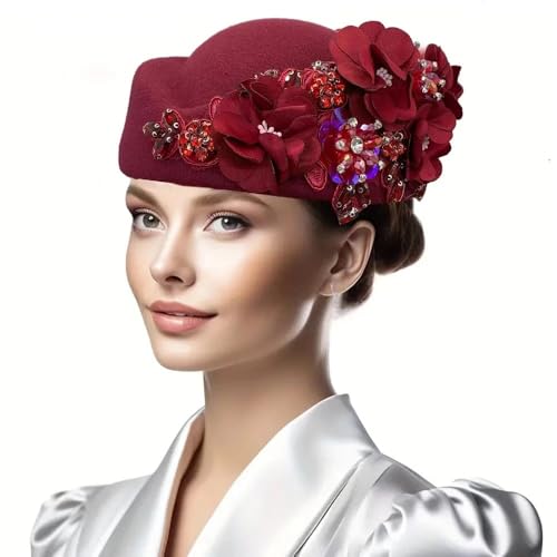 Womens Vintage Felt Church Fedora Hat Ladies Floral Derby Fascinator Wedding Tea Party Beret Cap Winter Pillbox Kentucky Hat - color: Burgundy