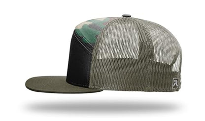 Richardson 168 168P Hat 7-Panel Trucker Cap Hi-Pro Snapback Cap Camo Hat Adjustable Baseball Hat Blank Hat Bulk Hats - color: Black/Camo/Loden