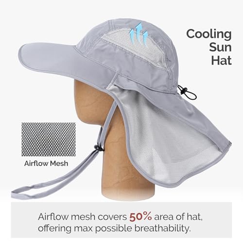 Hat Hut Ultra-Light Sun Hat with Neckflap, UPF 50+, Wide Brim, Breathable Outdoor Hiking Fishing Hats for Men - color: Light Grey