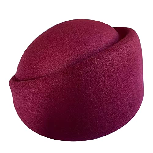 YING LAN Women Wool Cap Stewardess Pillbox Hat Fascinator Base - color: Wine Red