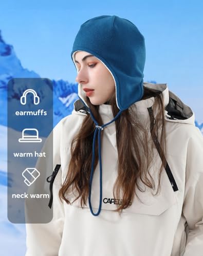 Mens Womens Warm Fleece Beanie Soft Winter Hat with Ear Flaps Windproof Ski Snow Cycling Skull Cap Helmet Liner - color: Teal