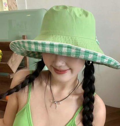 Sun Hats for Women Reversible Plaid Sun Cap Bucket Hat Wide Brim UV Protection Beach Hats 2025 Summer Travel Cap Fishing Hat - color: Red