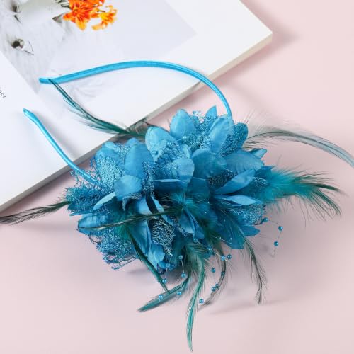 Womens Fascinators Hats Tea Party Feather Pearl Headband for Women, Wedding Cocktail Dresses Accessories - color: Lake Blue