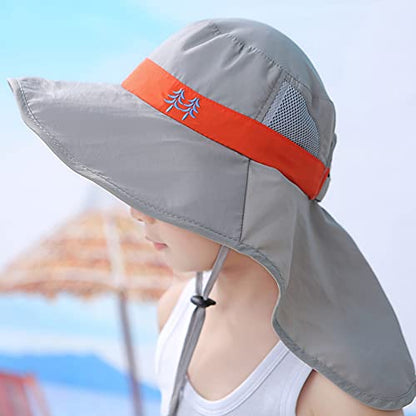 Kids Sun Hats UPF 50+ Sun Protection Hat for Kids with Neck Flap Adjustable Large Brim Beach Fishing Hat for Age 3-12 - color: Grey