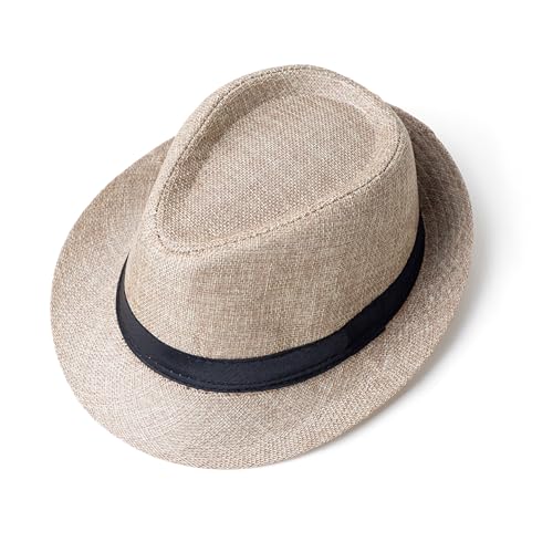 Classic Short Brim Fedora Summer Beach Trilby Hat - color: Black Band-beige