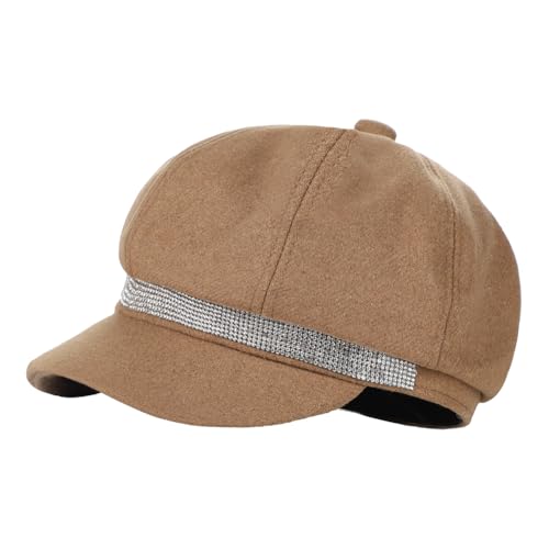 Women Rhinestone Hat Band Newsboy Hat Cabbie Baker boy Hat Beret Cap - color: Khaki