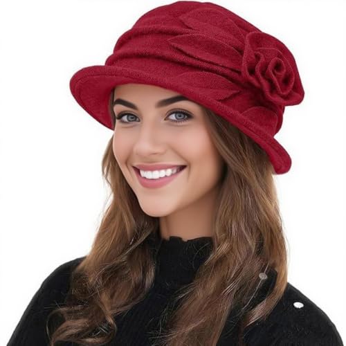 Wool Cloche Bucket Hat for Women 1920s Floral Bowler Cap Elegant Church Dress Cap Winter Warm Fedora Hat - color: Red
