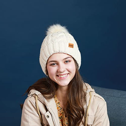 REDESS Women Winter Pompom Beanie Hat with Warm Fleece Lined Thick Slouchy Snow Knit Hat Skull Ski Cap - color: Dark Gray