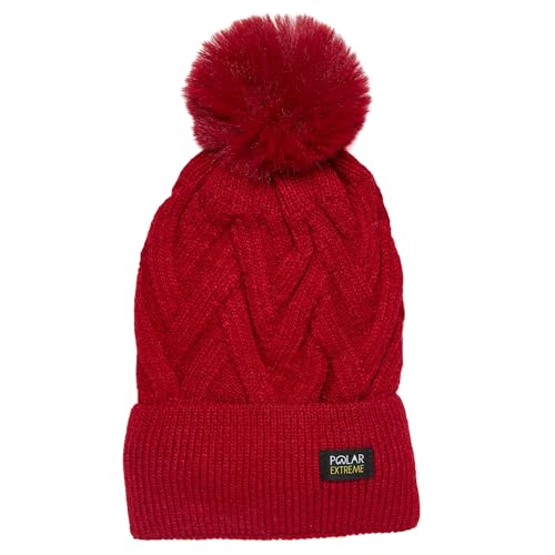 Polar Extreme Women's Knit Beanie and Skull Cap, Warm Winter Hat, One Size Fits Most - color: Red Zig Pom