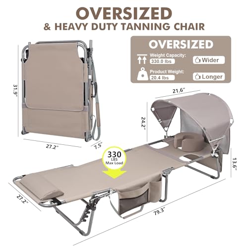 Oversized Extra Wide Tanning Chair with Sun Canopy Face Hole Padded Adjustable Washable, Heavy Duty Layout Folding Lounge Chair for Outside Beach Reading Sunbathing, UPF 50+, XL, Plus Size, 330 LBS - color: Beige, size: Oversized