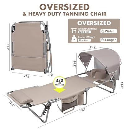 Oversized Extra Wide Tanning Chair with Sun Canopy Face Hole Padded Adjustable Washable, Heavy Duty Layout Folding Lounge Chair for Outside Beach Reading Sunbathing, UPF 50+, XL, Plus Size, 330 LBS - color: Beige, size: Oversized