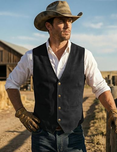 COOFANDY Men's Western Vest Suede Cowboy Vest Casual Slim Fit Waistcoat - color: Black, size: Small