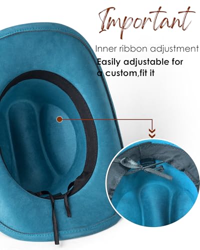Western Cowboy Hat for Men Wide Brim Suede Cattleman Cowgril Hats - color: Black Belt /Peacock Blue