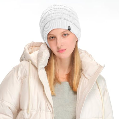 C.C Beanie Oversized Hat with Fuzzy Lining – Thick Knit Thermal Beanie for Cold Weather, Soft Warm Fleece Lined Cap - color: White