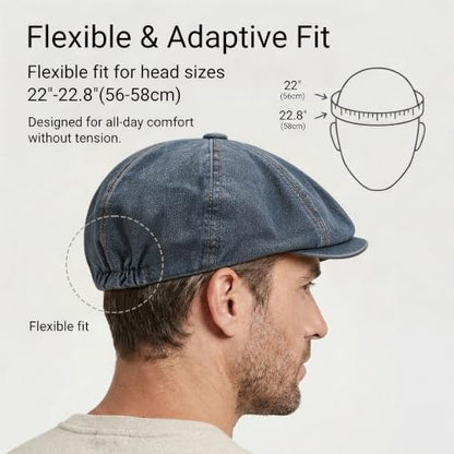 ZLYC Newsboy Cap for Men Summer Flat Cap Lightweight Beret Hat - color: Washed Denim Navy