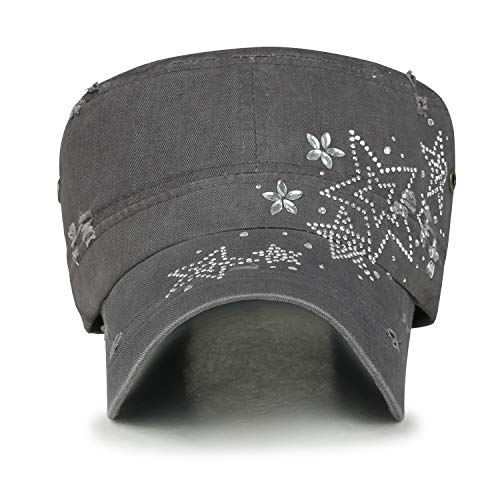 ililily Rhinestone Cotton Cadet Cap Vintage Distressed Cotton Military Army Hat - color: Charcoal Star