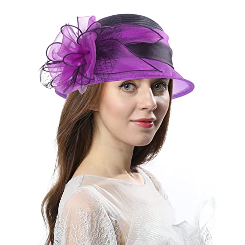Women Two-Tone Tea Party Dress Bowler Cloche Bucket Derby Church Hat - color: Purple