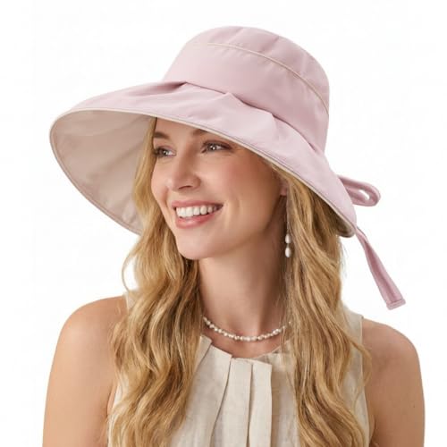 Women Summer Sun Hats Wide Brim Foldable Packable UPF 80+ UV Protection Travel Beach Outdoor Bucket Hat Bow Tie - color: Pink