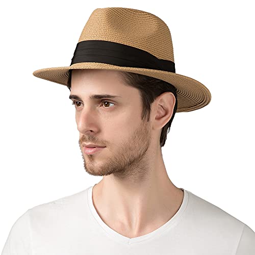 Lanzom Summer Beach Sun Hats for Men Women Foldable Floppy Travel Packable Staw Hat, Wide Brim Hat - color: Style B-khaki, size: Large