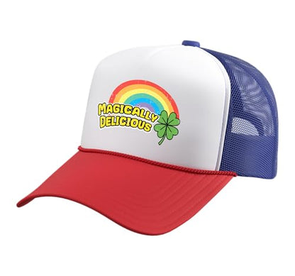 St Patricks Day Magically Delicious Saint Paddys Men Women Trucker Hat with Adjustable Mesh Back - color: Red/White/Royal Blue