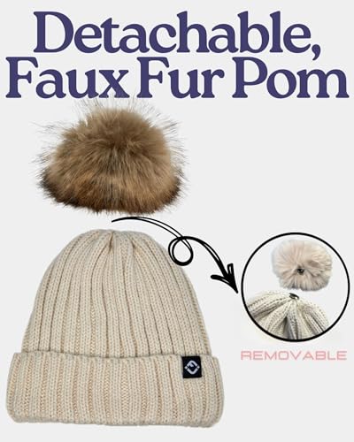 Funky Junque Women’s Winter Detachable Pom Beanie – Warm Knit Hat with Removable Faux Fur Pom, Soft Stretch Acrylic Cozy Cap - color: Beige