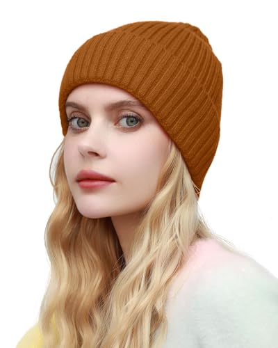 ROYBENS Womens Satin Lined Beanie for Men Wool Knit Cuffed Warm Winter Hats - color: 1pcs-camel