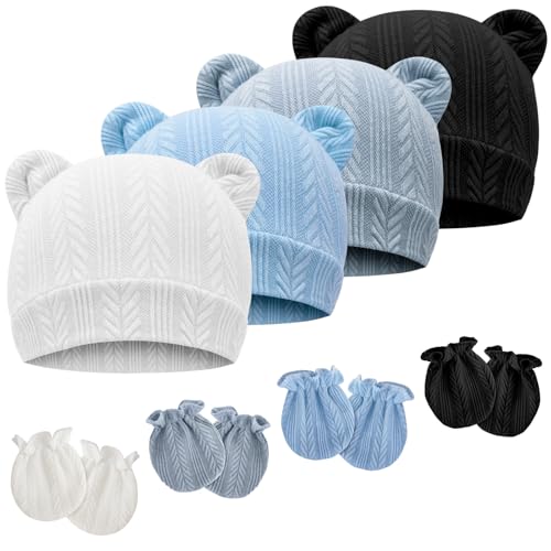 Newborn Baby Hat and Mittens Set Bear Ears Toddler Infant Beanie Caps Newborn Hospital Hat for Baby Boy Girl 0-3 Months - color: Wheat Patterned Bear Ear D