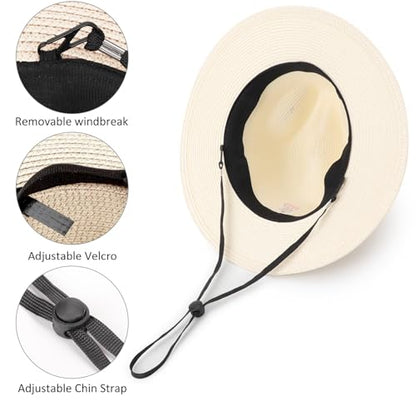 DRESHOW Women Straw Panama Hat Travel Fedora Beach Sun Hat Summer Wide Brim Straw Roll up Hats UPF 50+ - color: Fedora a Ivory