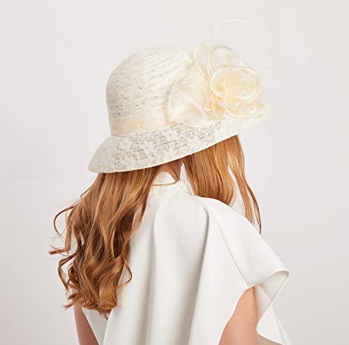 Women's Kentucky Derby Church Dress Hat Wide Brim Leaf Flower Bridal Shower Hat - color: R5 Beige