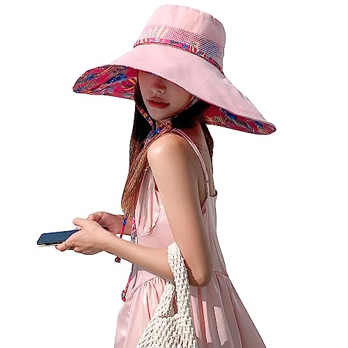 6" Extra Wide Brim Sun Hats UPF 50+ UV Protection Packable Beach Hat Strap Women - color: Pink
