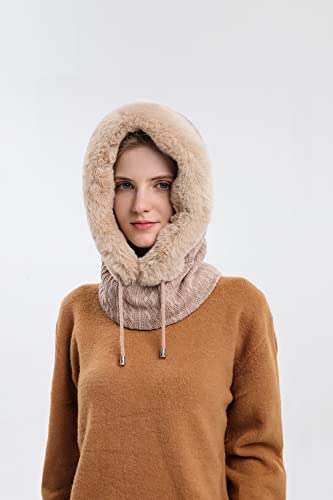 Womens Winter Hats, Warm Hooded Scarf Hat for Women, Fleece Beanie Hat with Drawstring, Balaclava Knit Skull Cap - color: Beige