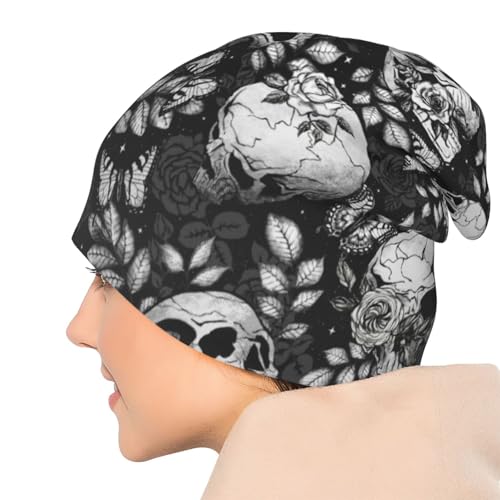 Flower Sugar Skull Beanie Hat Adult Skull Cap Warm Slouchy Knit Hat Headwear Gift for Men Women - color: Black
