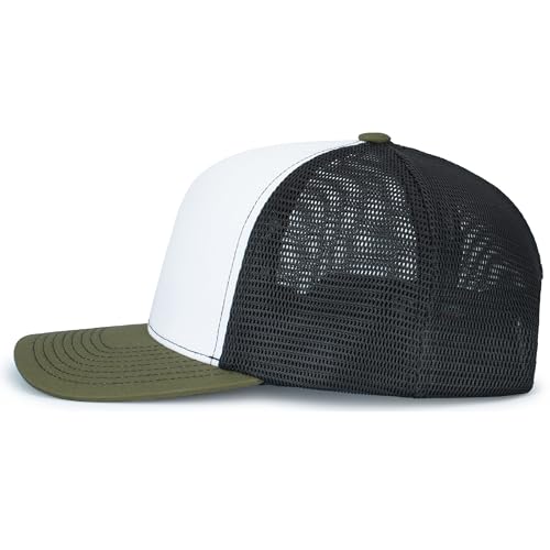 Pacific Headwear Contrast Stitch Trucker Pacflex Snapback Cap - color: White/Light Charcoal/Moss