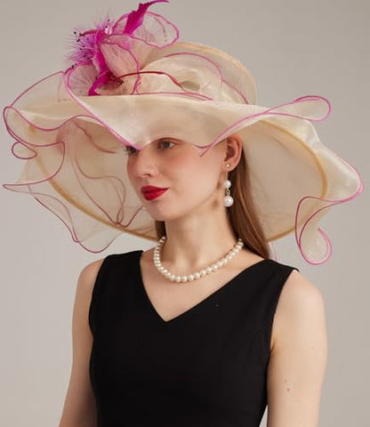 Women Derby Church Hat Organza Flower Wedding Tea Party Fascinator Wide Brim Sun Hat - color: 16-beige