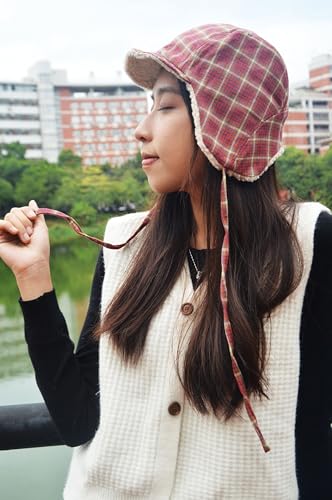 Reversible Winter Hat with Ear Flaps for Men Women Adult,Ladies Plaid Hat,Lamb Wool Lining Beanie Not for Kids - color: Plaid Red