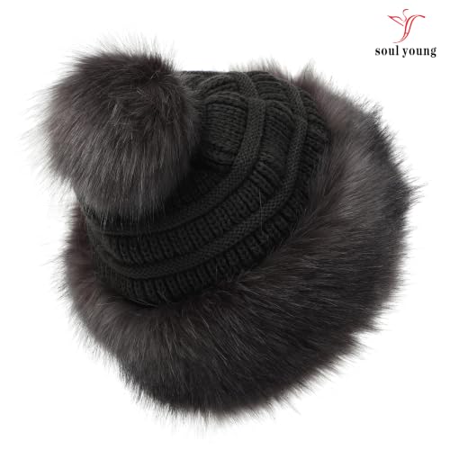 Soul Young Women's Faux Fur Hat Russian Cossack Knit Pompom Hat Ski Snow Cap for Winter Outdoor - color: Dark Grey