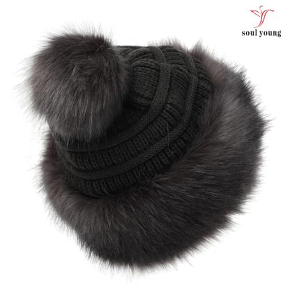 Soul Young Women's Faux Fur Hat Russian Cossack Knit Pompom Hat Ski Snow Cap for Winter Outdoor - color: Dark Grey