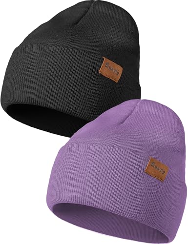 Beanie Hats for Men Women Knit Winter Hat, Warm Skull Stocking Cap, Striped Snow Hat Heated Cuffed Beanie - color: 2p-black+purple