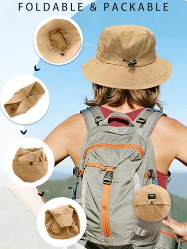 Splash-Proof Packable Bucket Hat for Men Women Lightweight Foldable Fishing Hiking Sun Hat with Adjustable Chin Strap - color: Khaki