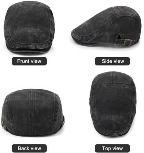 Initlove Mens Newsboy Cap Washed Beret Ivy Hat Flat Hats for Cabbie Driving - color: Black + Black