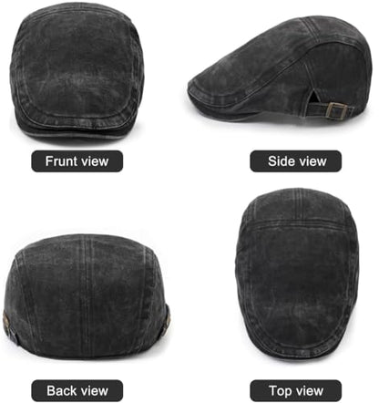 Initlove Mens Newsboy Cap Washed Beret Ivy Hat Flat Hats for Cabbie Driving - color: Black + Coffee