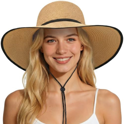 Sun Hats for Women, Summer Wide Brim Straw Beach Hat - color: Khaki Black, size: Large