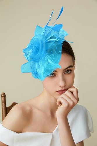 BABEYOND Fascinators Hats for Women Tea Party Flower Tulle Bead Derby Hat - color: Sky Blue